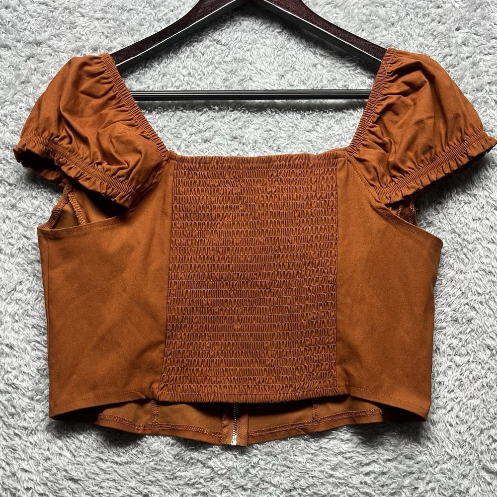 Madden NYC Top XL Rust Brown Corset Bustier Front Zip Puff  Short Sleeve Smocked - Picture 5 of 10